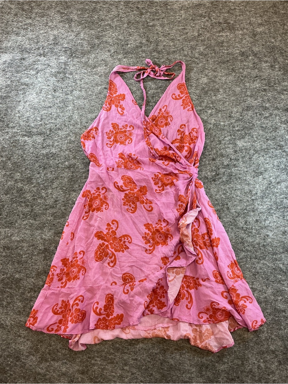 Anthropologie Pink Halter Style Wrap Dress with Rust Floral Print Size XL